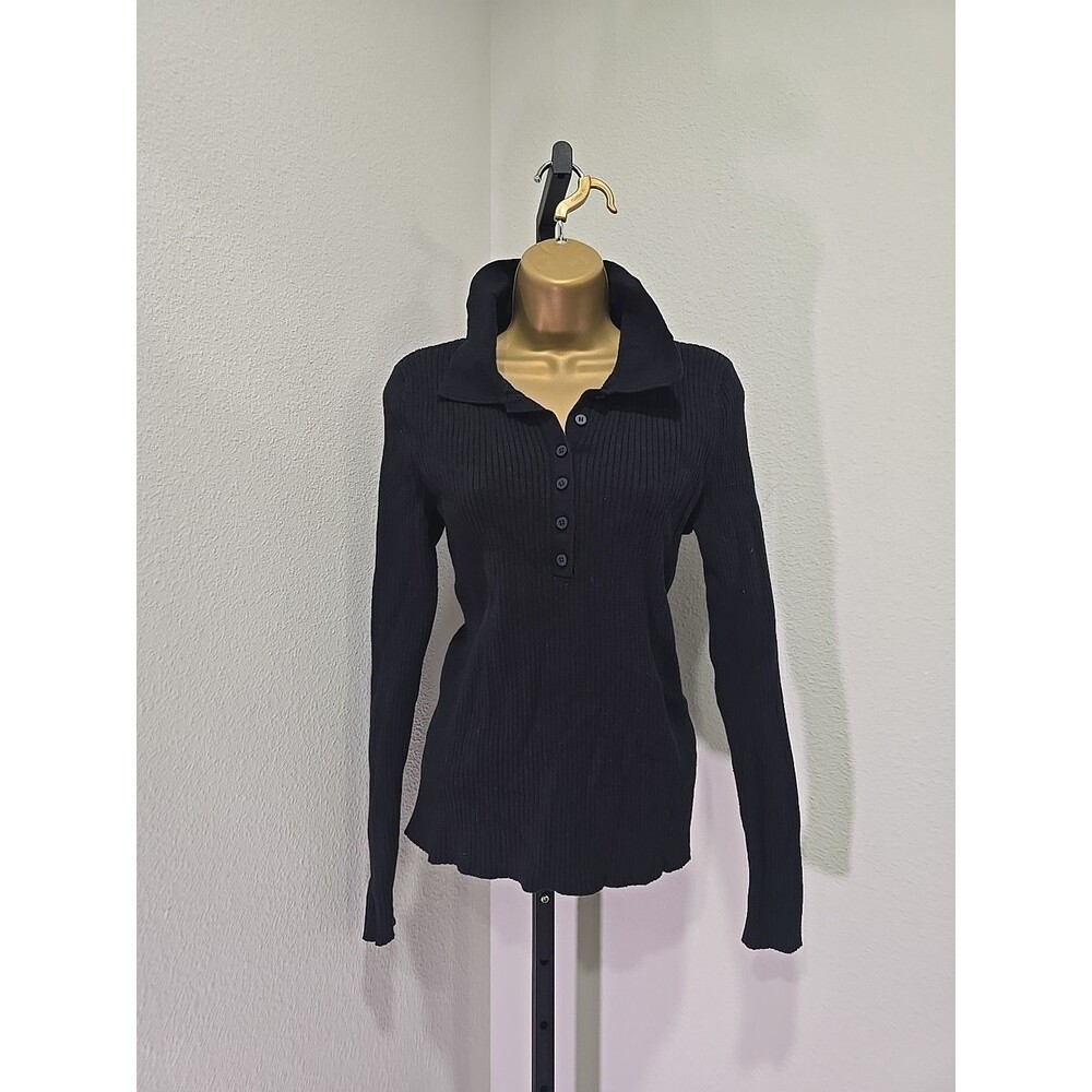 Y2K Preppy Minimalist Fitted Black Ribbed Henley Knit Sweater Womens L Collared
